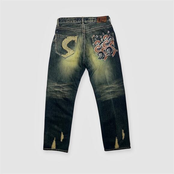 Japanese Big Train Relaxed Fit Distressed Mud Wash Embroidered Denim - Picture 2 of 9